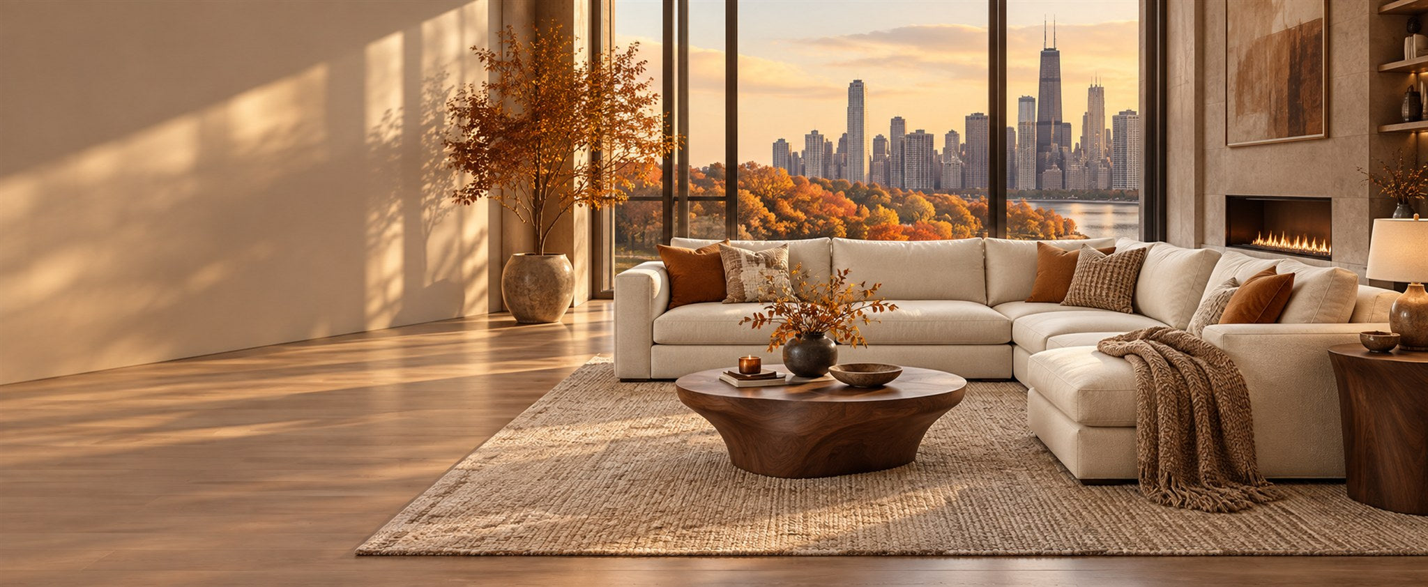 Cream sectional in an autumn living room overlooking Chicago
